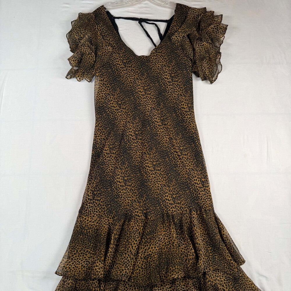 Vintage Y2K Shape FX Leopard Print Tiered Ruffle Maxi Dress Sheer Mob Wife Mediu